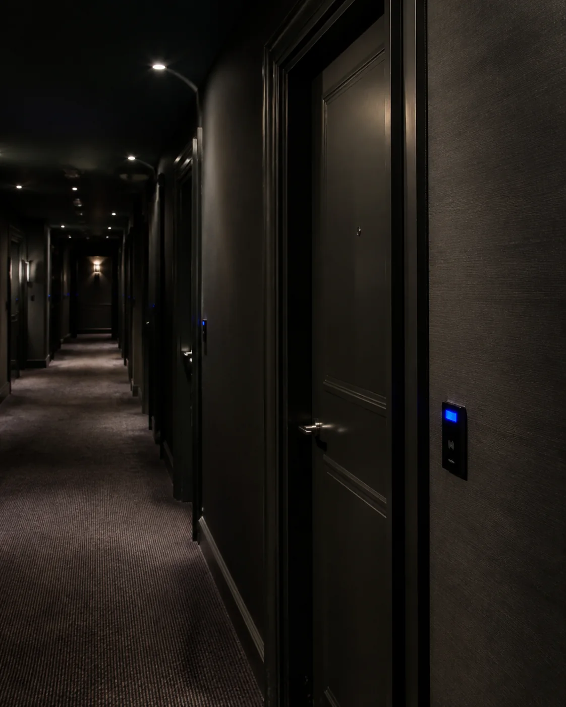 An empty hotel corridor